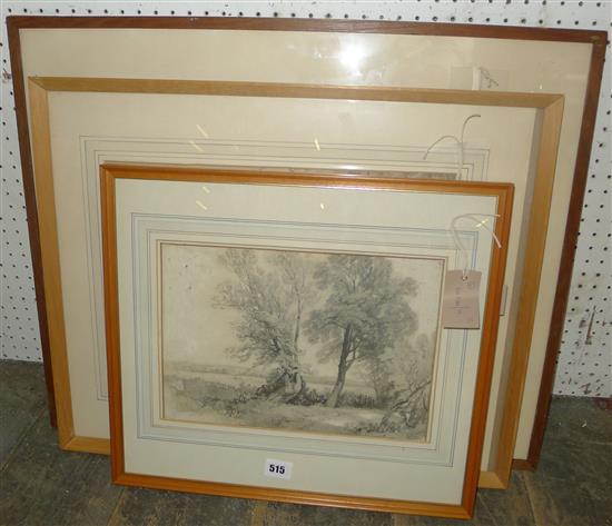 Three 19th century pencil landscape drawings & a pen an wash drawing of an estuary scene